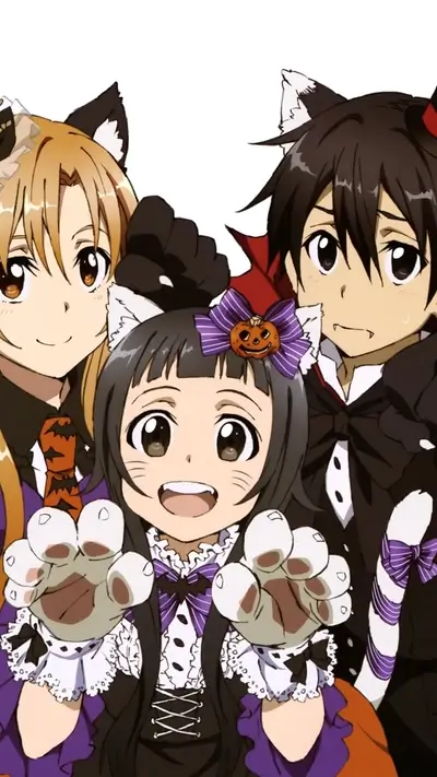 Characters from Sword Art Online in Halloween costumes smiling and reaching forward
