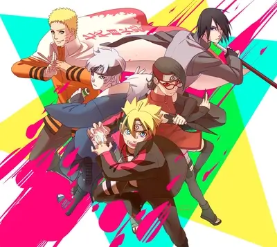 Characters from the Boruto series, standing dynamically with a bright geometric background