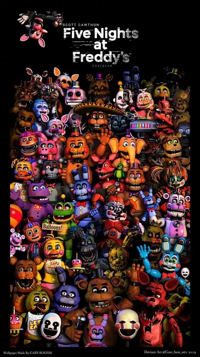 Characters from the Five Nights at Freddy's video game series assembled together