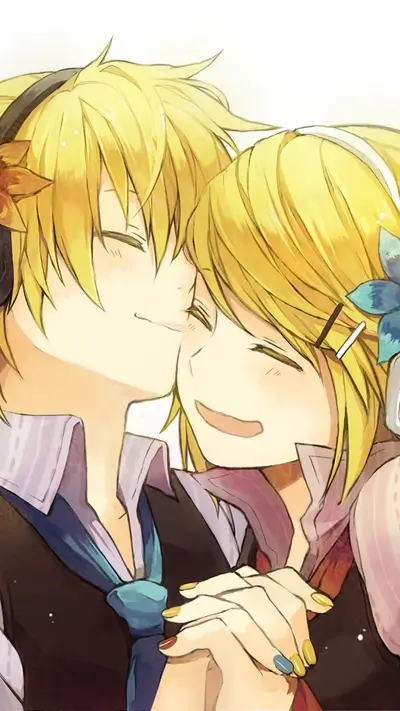 Characters from Vocaloid smiling, embracing, and holding hands, exuding warmth