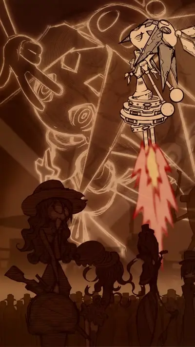 Characters in sepia tones confront menacing mechanical figure.
