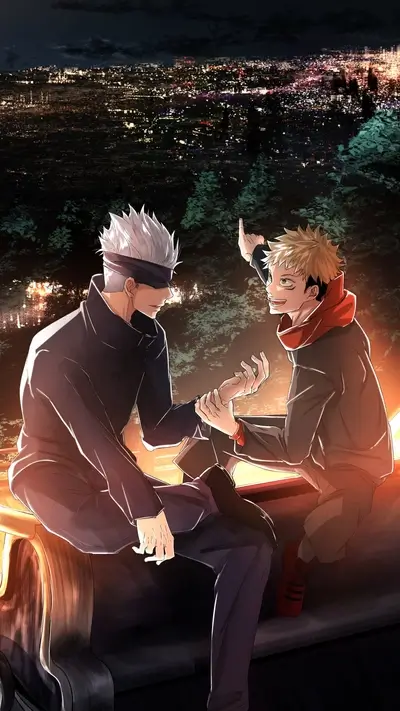 Characters observing city lights, bonding, sitting on a surface.