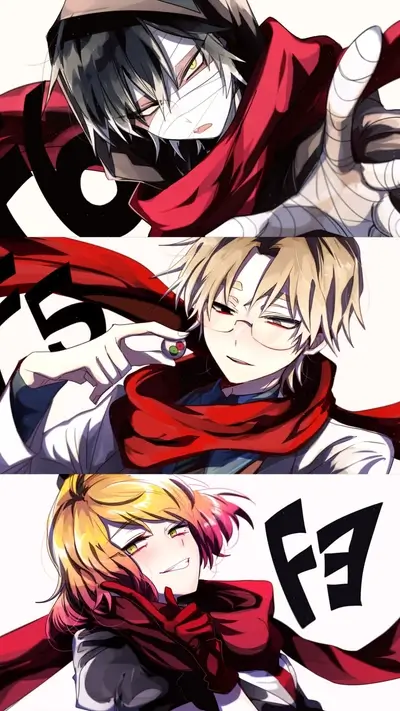 Characters of Angels of Death in a vertical arrangement, red scarves stand out