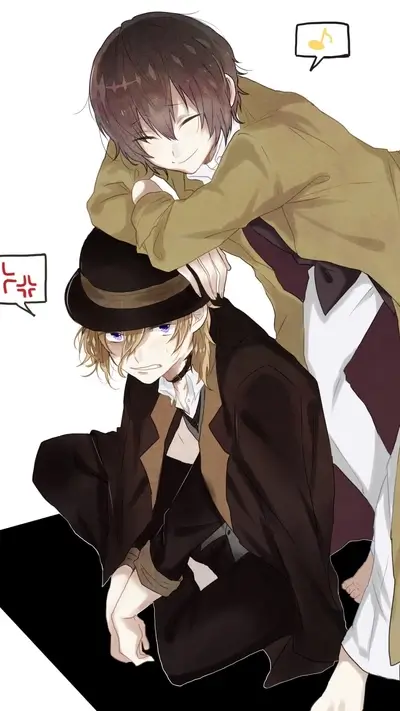 Characters posing, one crouched with a fedora and another resting on him