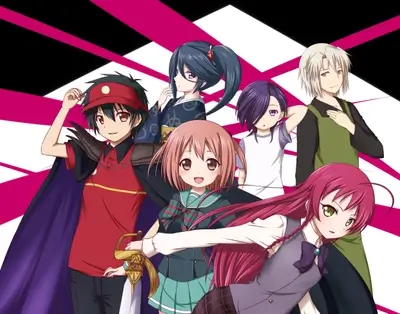 Characters posing together against dynamic pink black and white background
