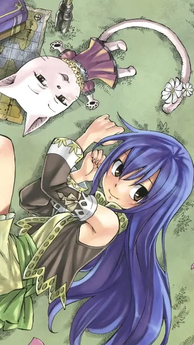Characters resting in field, smiling and cheerful