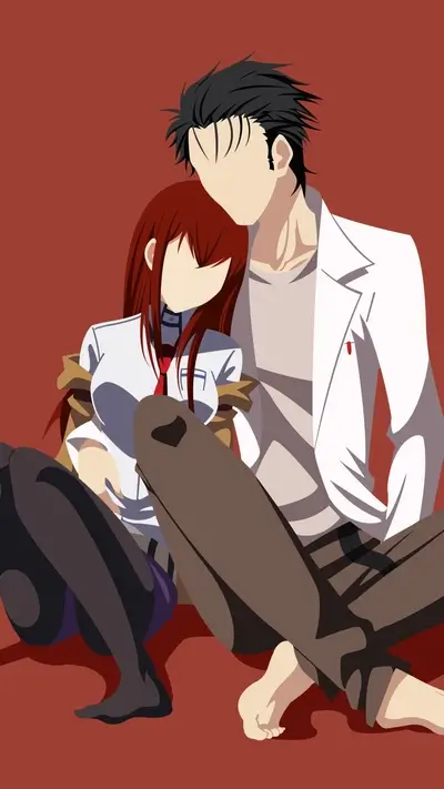 Characters sitting close, minimalistic, intimate moment, no facial features shown, reddish-brown background