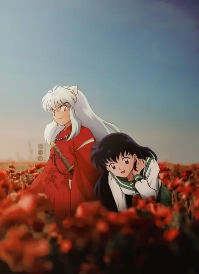Characters sitting in field of red flowers