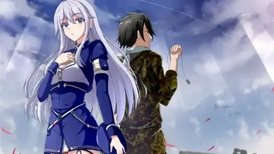 Characters standing back-to-back under sky, falling petals, military attire
