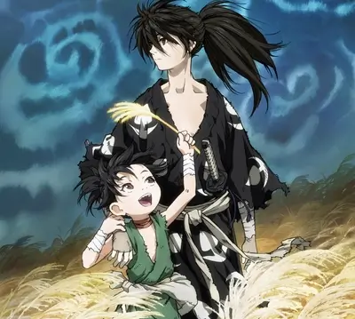 Characters standing in tall grass with a cloudy, textured sky