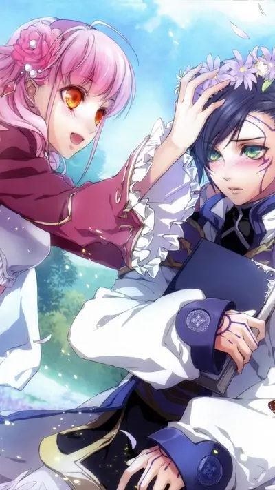 Characters with different hair colors, one putting flower crown on other's head