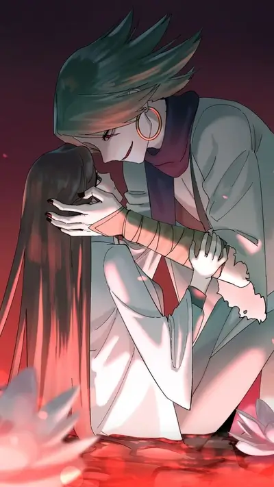 Characters, with male figure appearing dominant over female, amidst a bloody floral setting
