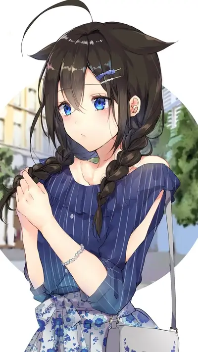 Charming anime girl in braids, blue-striped top, floral skirt, soft lighting