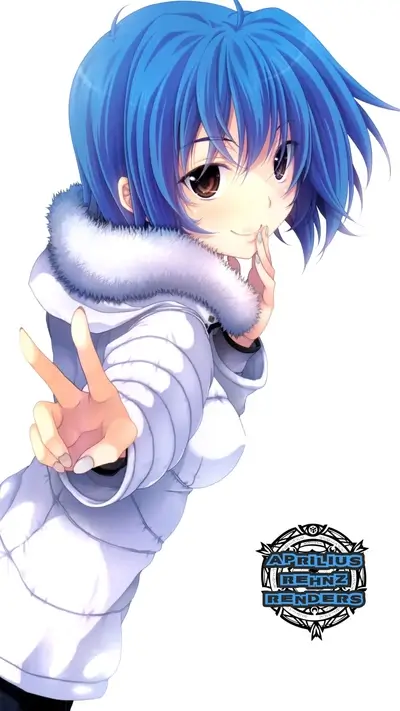 Charming anime girl with blue hair, making a peace sign and wearing a winter coat