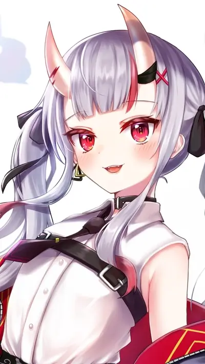 Charming anime girl with silver hair, red eyes, and devil horns, smiling slightly