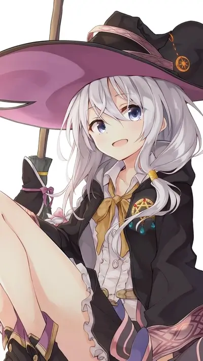 Charming witch with white hair sitting with broom