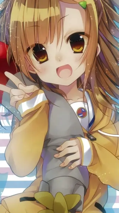 Cheerful anime girl giving peace sign, smiling with bright eyes