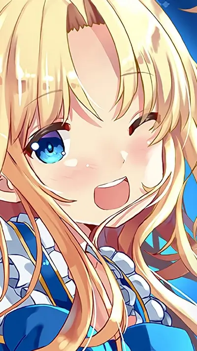 Cheerful anime girl with blonde hair and blue eyes
