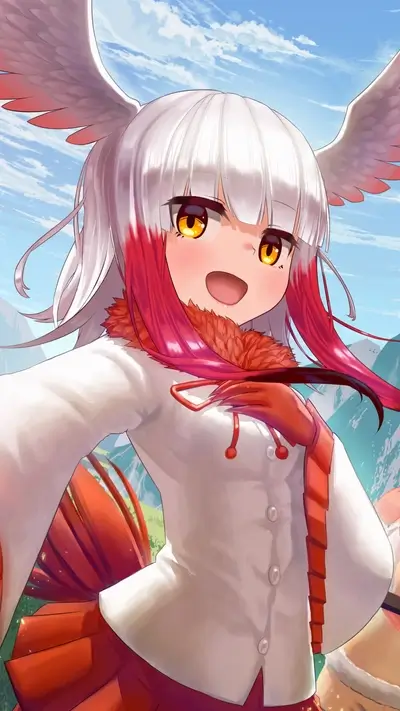 Cheerful bird girl poses outdoors with mountains, clear sky