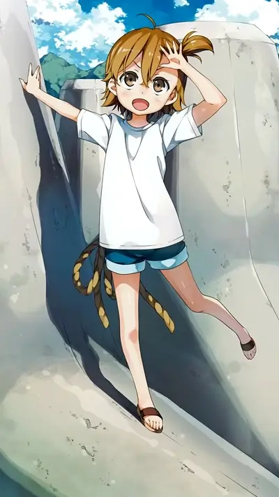 Cheerful girl beside rock formation, rope hanging from her side, bright sky