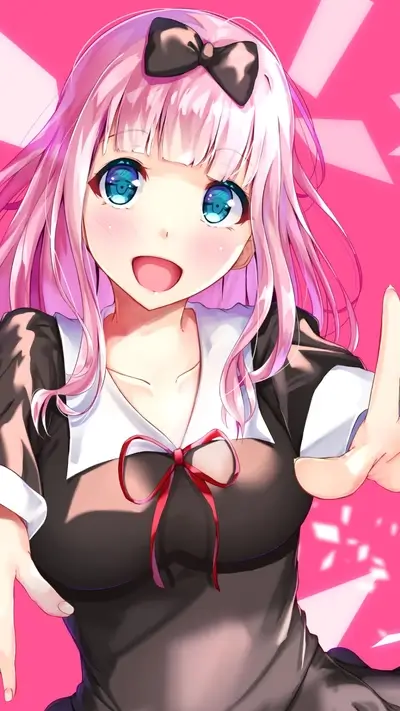 Cheerful girl with pink hair and a bow