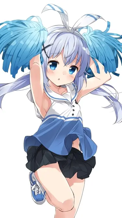 Cheerleader girl with blue pom-poms and hair