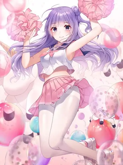 Cheerleader girl with pom-poms and balloons
