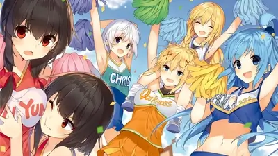 Cheerleaders in colorful uniforms, celebrating