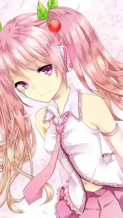 Cherry-themed anime girl with pink hair, cheerful, and elegant appearance