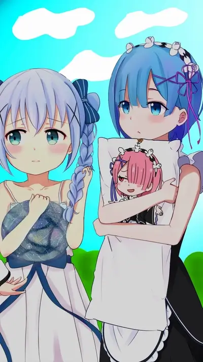 Chibi anime girls in outdoor setting pose with pillow and galaxy orb