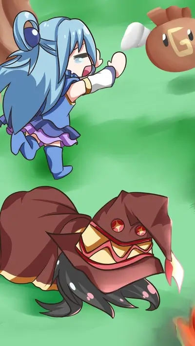 Chibi Aqua chasing flying gold bag, while Megumin collapsed on the ground