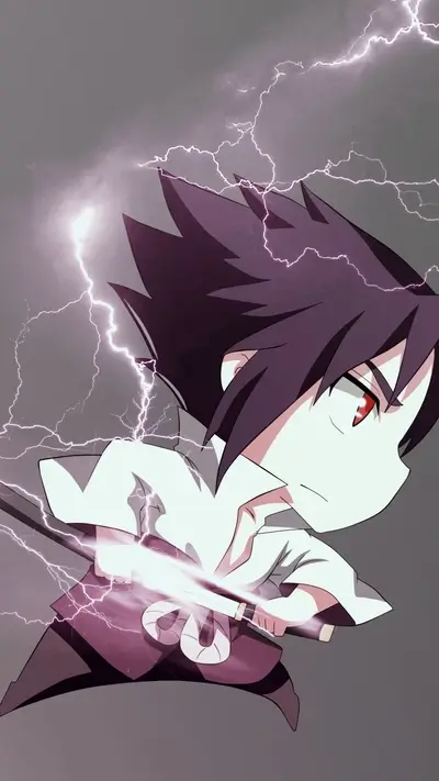 Chibi character ready to fight with his katana weapon under lightning strike