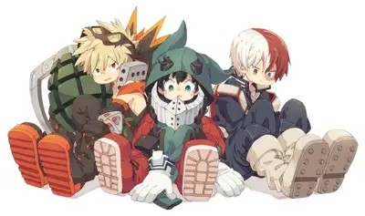 Chibi heroes, iconic outfits, sitting together