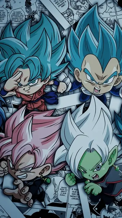 Chibi versions of Goku, Vegeta, Goku Black, and Zamasu with a manga background