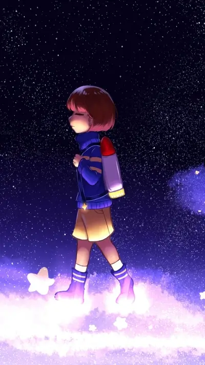 Child stands on stars, rocket backpack, walking through a starry night sky