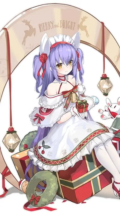 Christmas girl in a white dress with purple hair