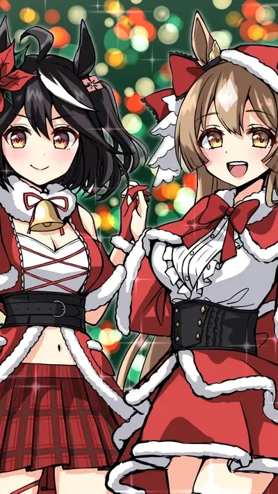 Christmas-themed illustration featuring two girls in Santa outfits