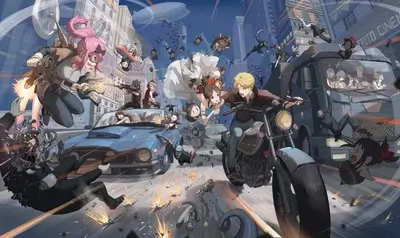 City chaos, characters fighting, vehicles speeding