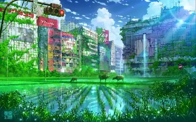 City overtaken by nature with buildings, greenery, water, cows, traffic light and signage