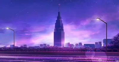 City skyline at dusk with illuminated skyscraper, bridge, and light trails