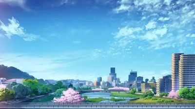 City skyline with blooming cherry trees, serene waters, and a vibrant blue sky