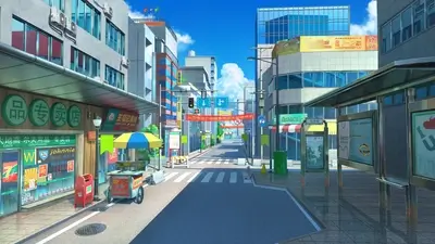 City street scene with shops and buildings