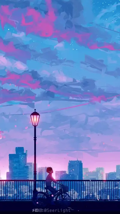 Cityscape at Dusk, Cyclist on a Bridge