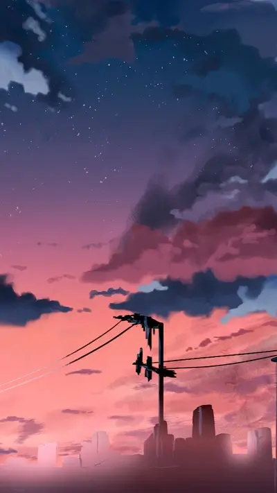 Cityscape at sunset with a starry sky
