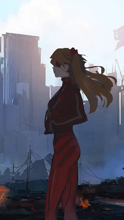 Cityscape figure, standing amidst urban decay