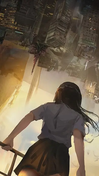 Cityscape reflection with a girl overlooking from a building rooftop