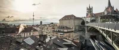 Cityscape with cathedral and train tracks