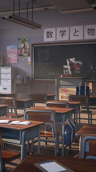 Classroom with desks, posters, and blackboard