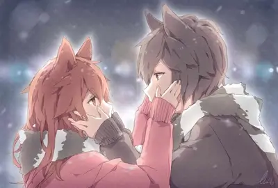 Close anime couple, holding faces, looking lovingly