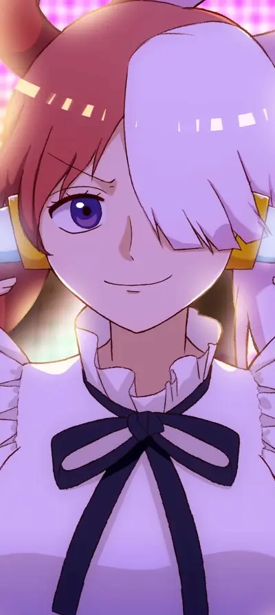 Close-up artwork displaying smiling young woman with half-red and half-white hair